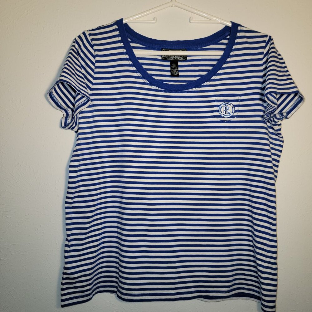 L-RL Lauren Active Ralph Lauren striped cotton striped t-shirt Women' Large